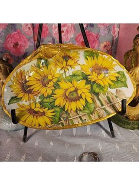DECOUPAGE CLAM SHELL SUNFLOWER TRINKET DISH